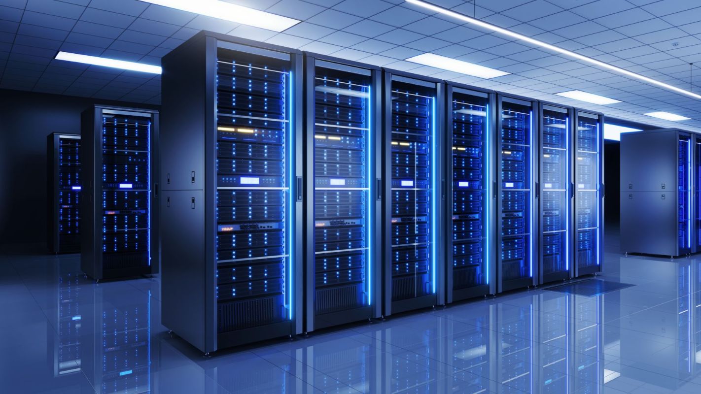 A server room featuring servers with blue LED lights.