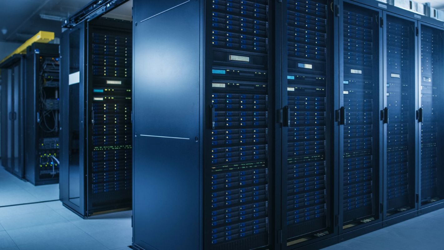 A row of data servers in a server room.