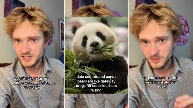 A young man discusses technology while a panda eats bamboo, with text overlays about agency and data centers.