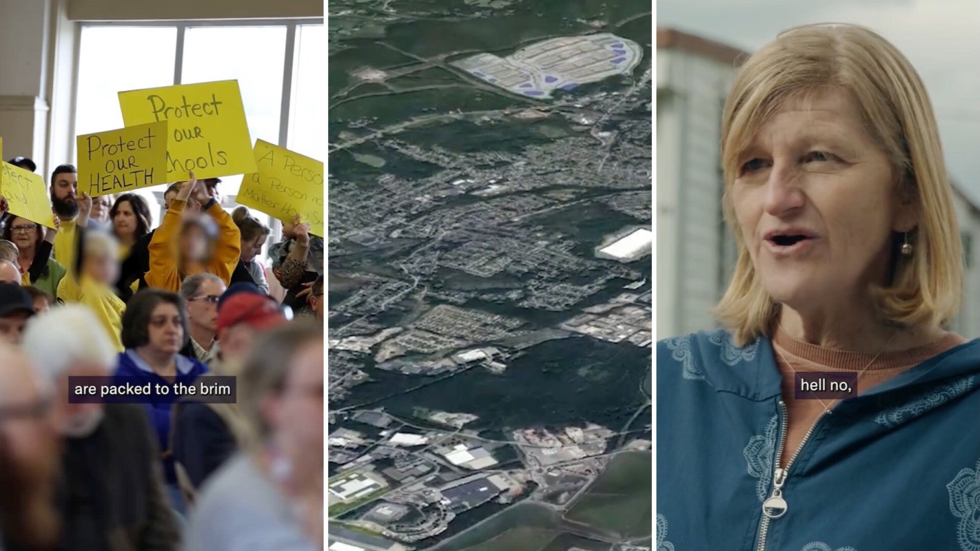 People holding protest signs alongside aerial views of a community.