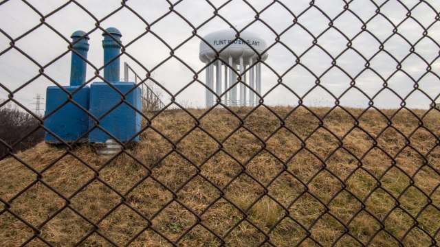 The Flint Water Plant's water tower and blue pipes.