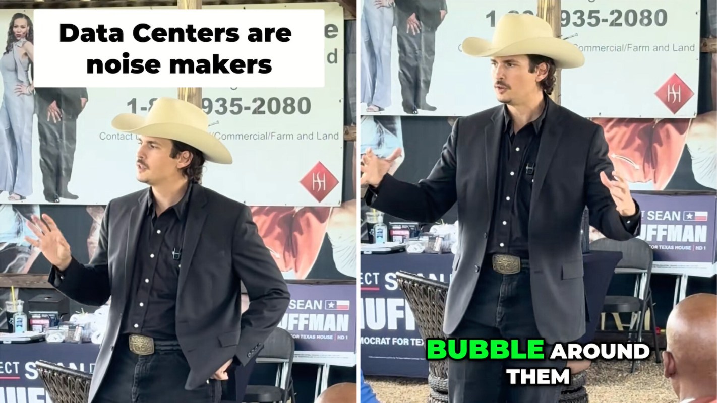 A man in a cowboy hat speaks passionately about data centers, with promotional banners in the background.