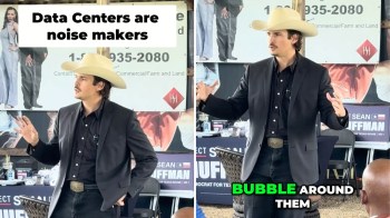 A man in a cowboy hat speaks passionately about data centers, with promotional banners in the background.