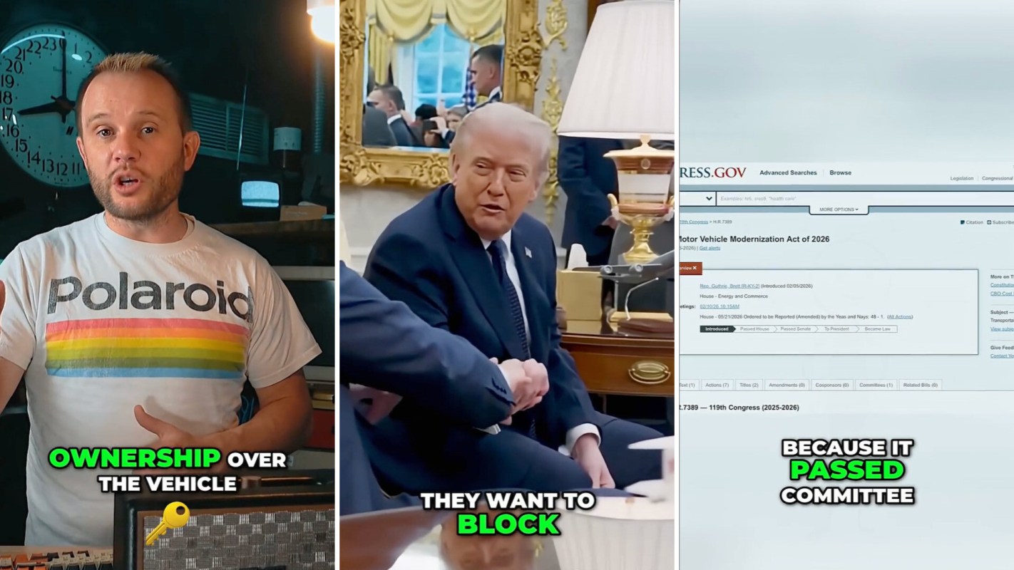 A split image of a man discussing car ownership, Donald Trump in the Oval Office, and a legislative webpage.