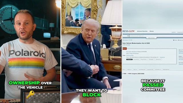 A split image of a man discussing car ownership, Donald Trump in the Oval Office, and a legislative webpage.