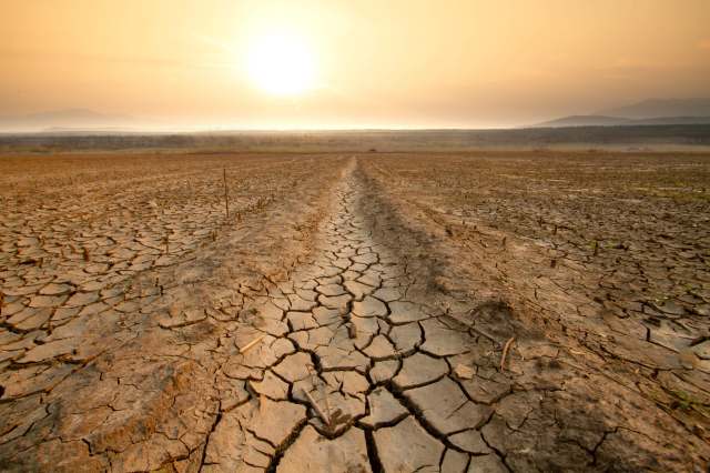 A cracked, barren landscape under a golden sunset, with a path leading through the dry earth.