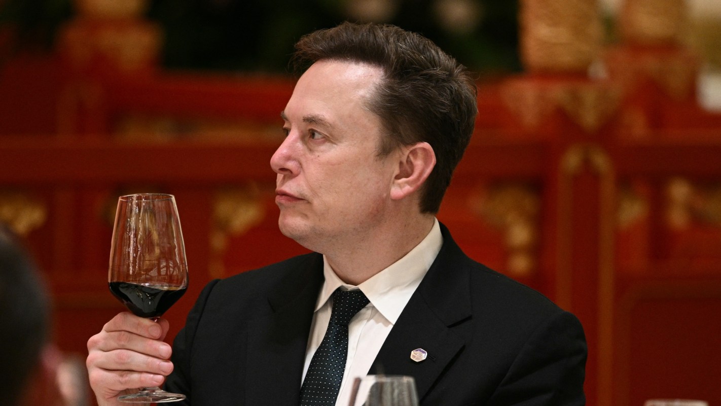 Elon Musk in a suit and holding a wine glass.