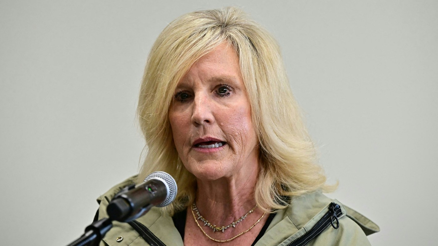 Erin Brockovich speaking into a microphone.