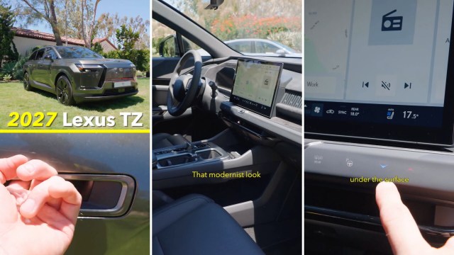 A 2027 Lexus TZ parked on green grass with a focus on its modern interior features and user interface.