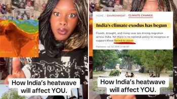 A person shows concern about India's climate challenges, featuring a heat map and news about migration due to extreme weather.
