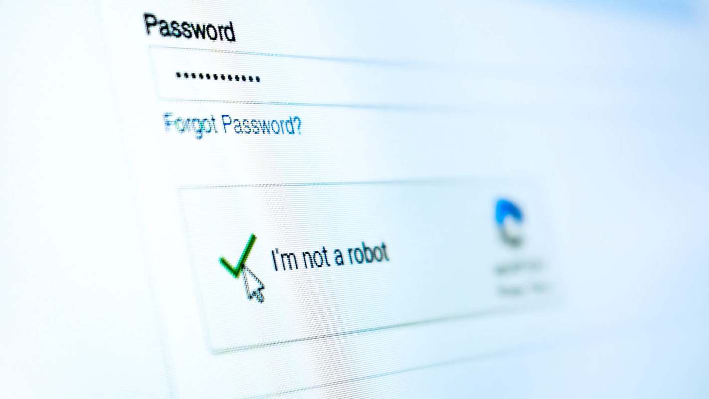 A close-up of a login screen showing a password field and a selected "I'm not a robot" checkbox.