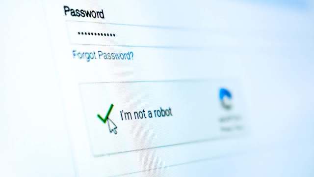 A close-up of a login screen showing a password field and a selected "I'm not a robot" checkbox.