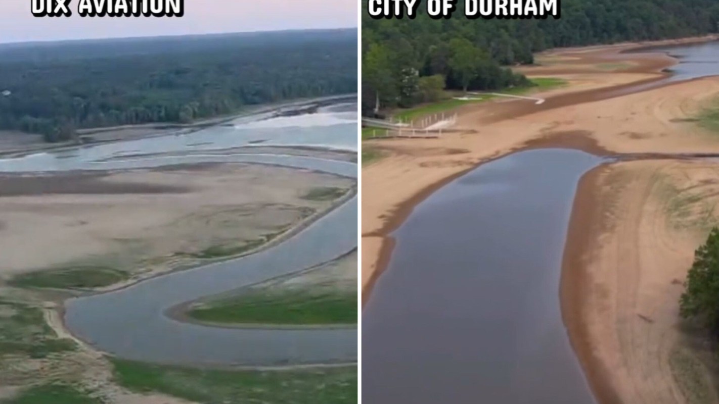 A split aerial view shows a winding river landscape on the left and a dry shoreline on the right.