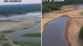 A split aerial view shows a winding river landscape on the left and a dry shoreline on the right.