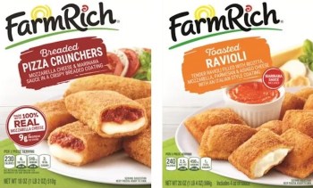 Two packaged food products labeled "Farm Rich": Breaded Pizza Crunchers and Toasted Ravioli, each with descriptions.
