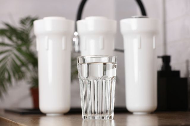 A glass of water sits on a wooden countertop in front of water filter units.