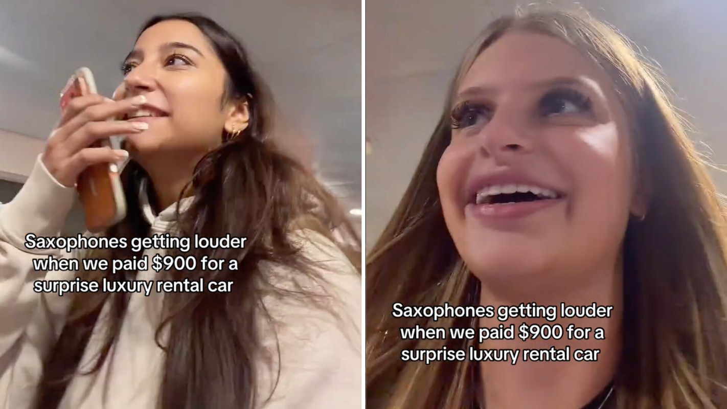 Two young women smiling while recording a video, with text about saxophones and a rental car in the background.