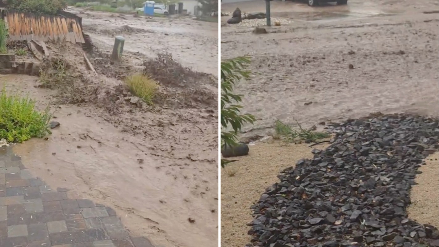 Floodwaters muddy the street, obscuring vegetation and pavement amid a landscape of debris and sediment.