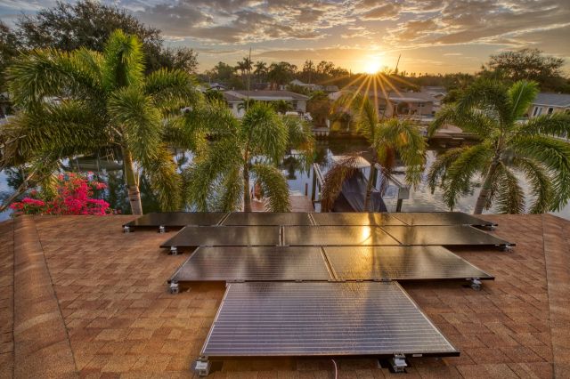 Solar panels on a rooftop overlooking a palm tree-lined canal.
