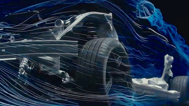 A close-up of a car chassis with dynamic airflow visualization surrounding the wheels.