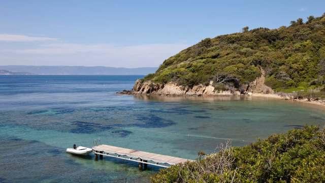 A serene coastal scene featuring clear waters, a wooden dock, and a lush green hillside.