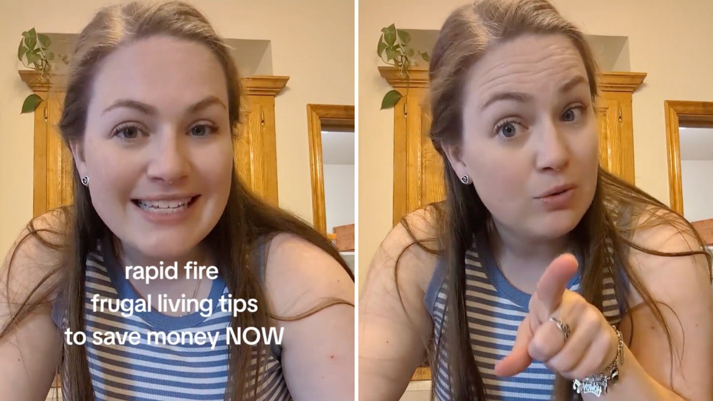 A woman with long hair smiles while sharing frugal living tips in a casual setting.