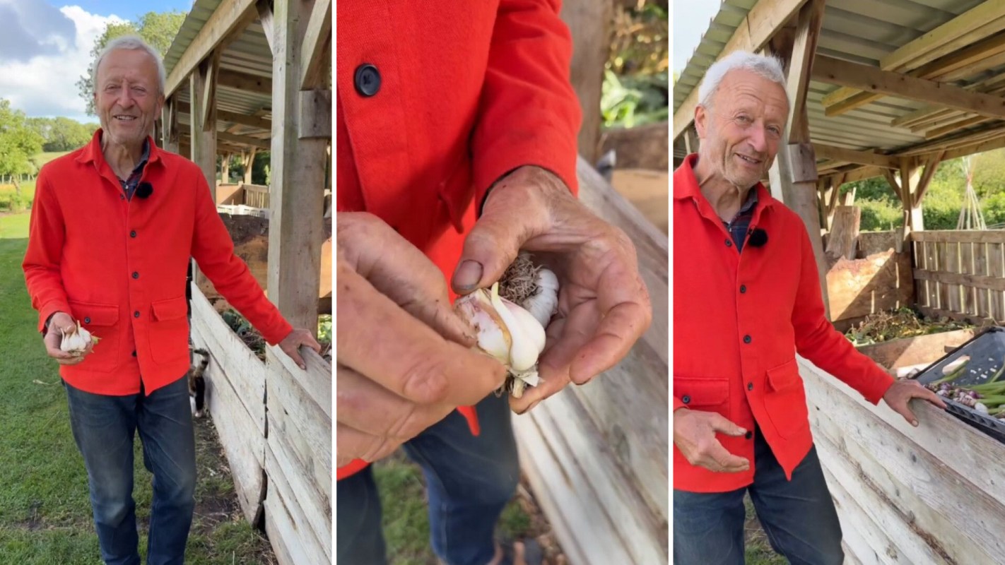 An older man in a red jacket smiles while holding garlic.