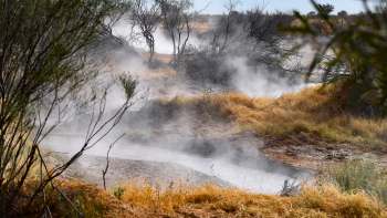 Steam rises from a geothermal area surrounded by dry grasses and sparse trees under a blue sky.