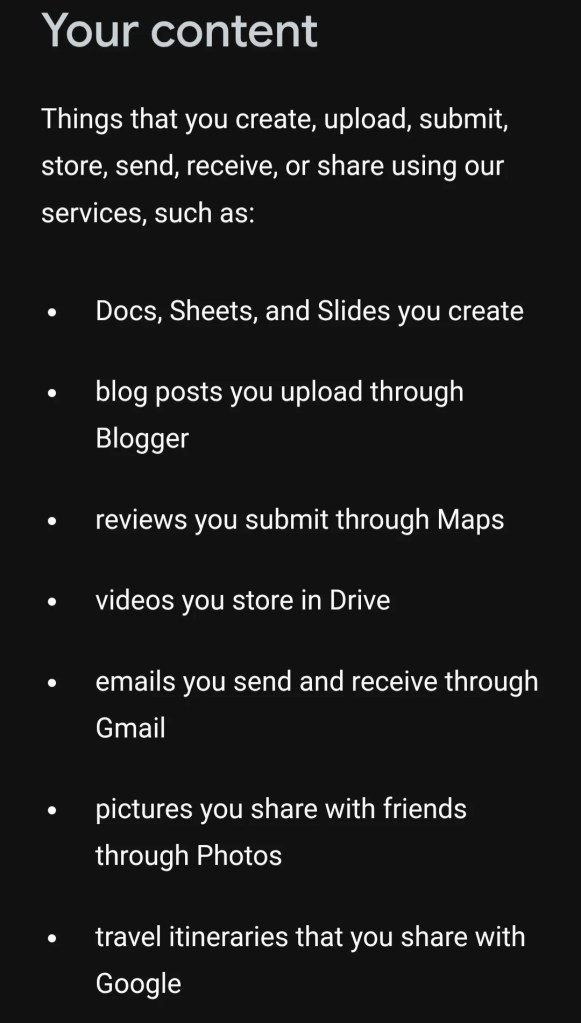 A Google terms-of-service agreement detailing content types. 