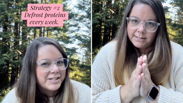 A woman in a cozy sweater shares tips for meal prep outdoors, with trees in the background and text overlay about defrosting proteins.