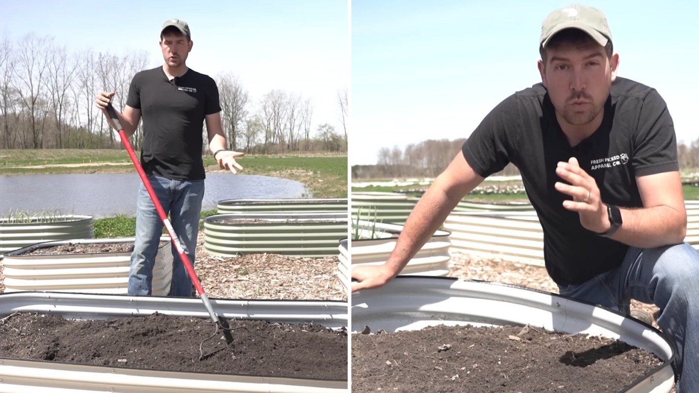A man in a black shirt and cap stands with a gardening tool, discussing raised garden beds by a pond.