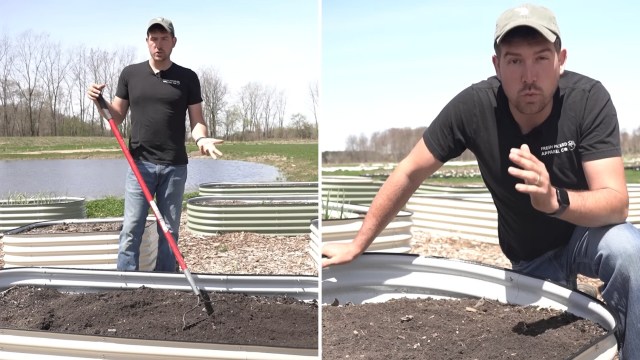 A man in a black shirt and cap stands with a gardening tool, discussing raised garden beds by a pond.