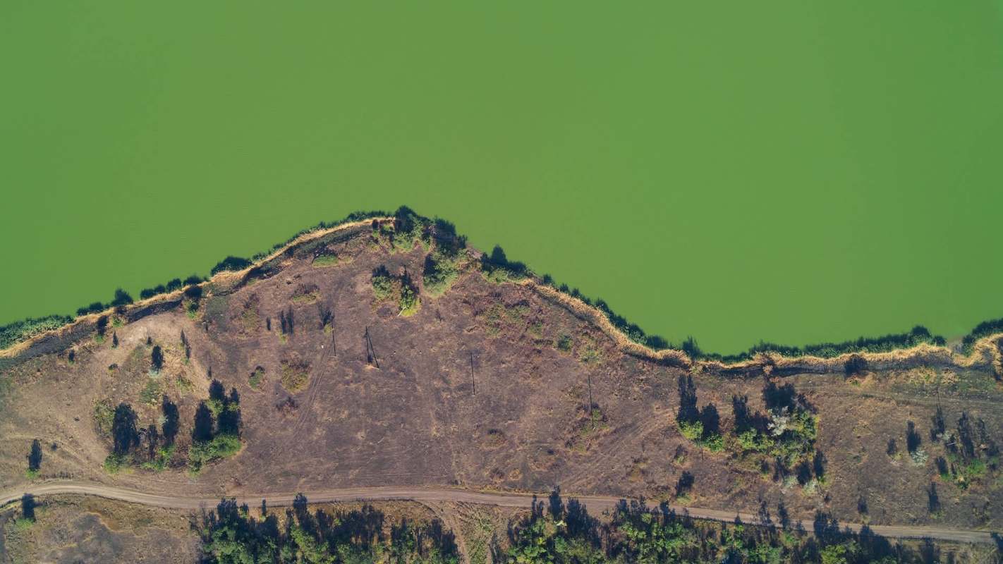 An aerial view of a lake filled with green algal blooms beside a barren, partially vegetated shoreline and a dirt path.