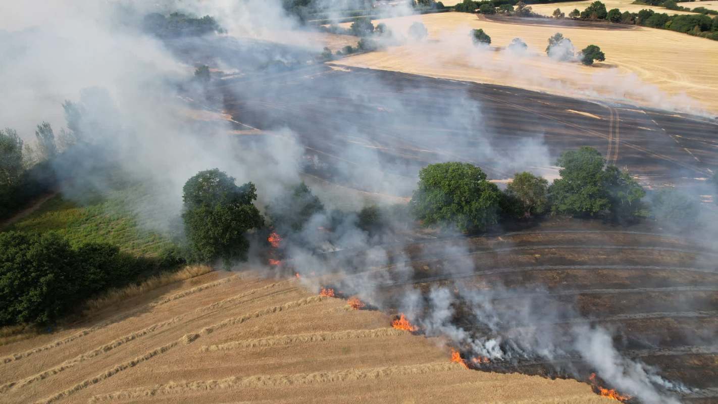 Aerial view of a field with active flames and smoke.