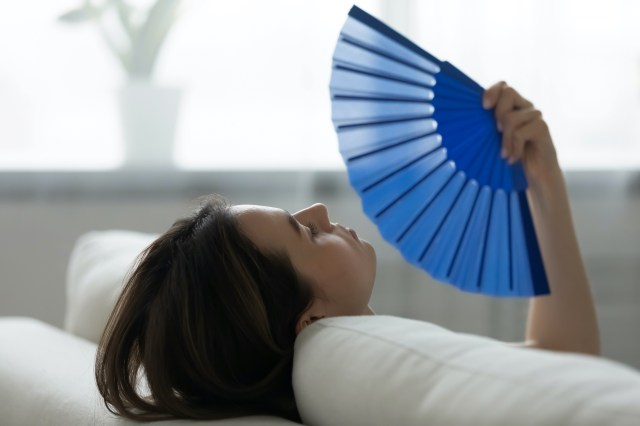 A woman relaxes on a couch, waving a blue fan in front of her face.