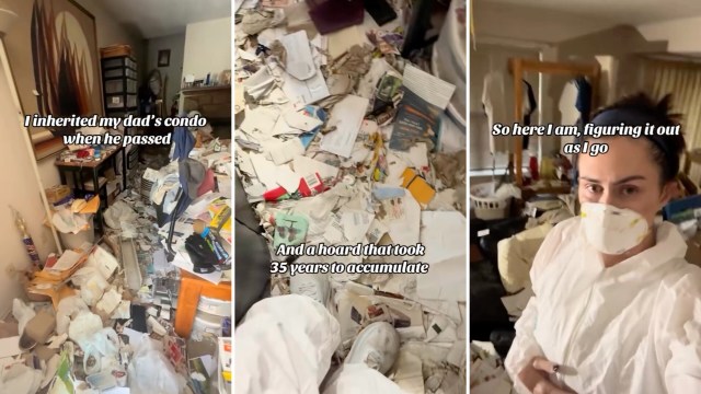 A cluttered condo filled with papers and trash, showing a person in protective gear beginning the cleaning process.