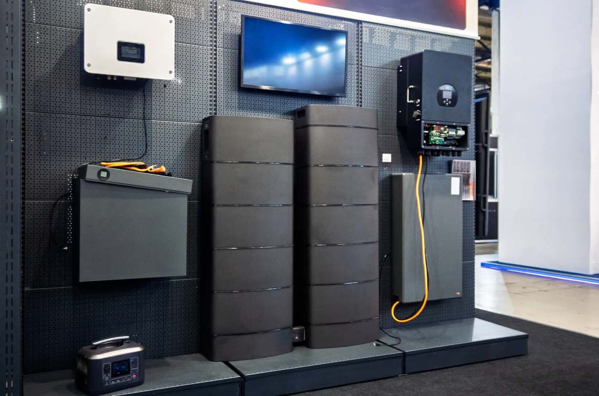 A modern home energy storage system display with inverters, battery packs, and a portable power station.