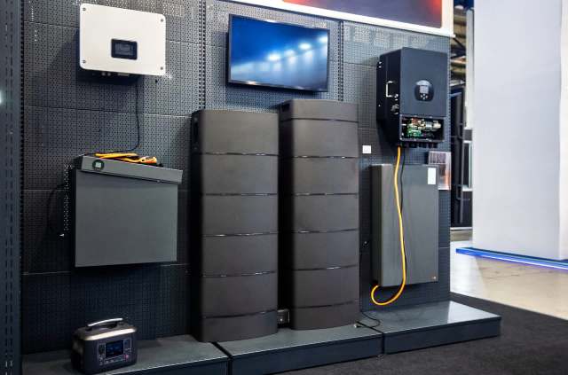 A modern home energy storage system display with inverters, battery packs, and a portable power station.