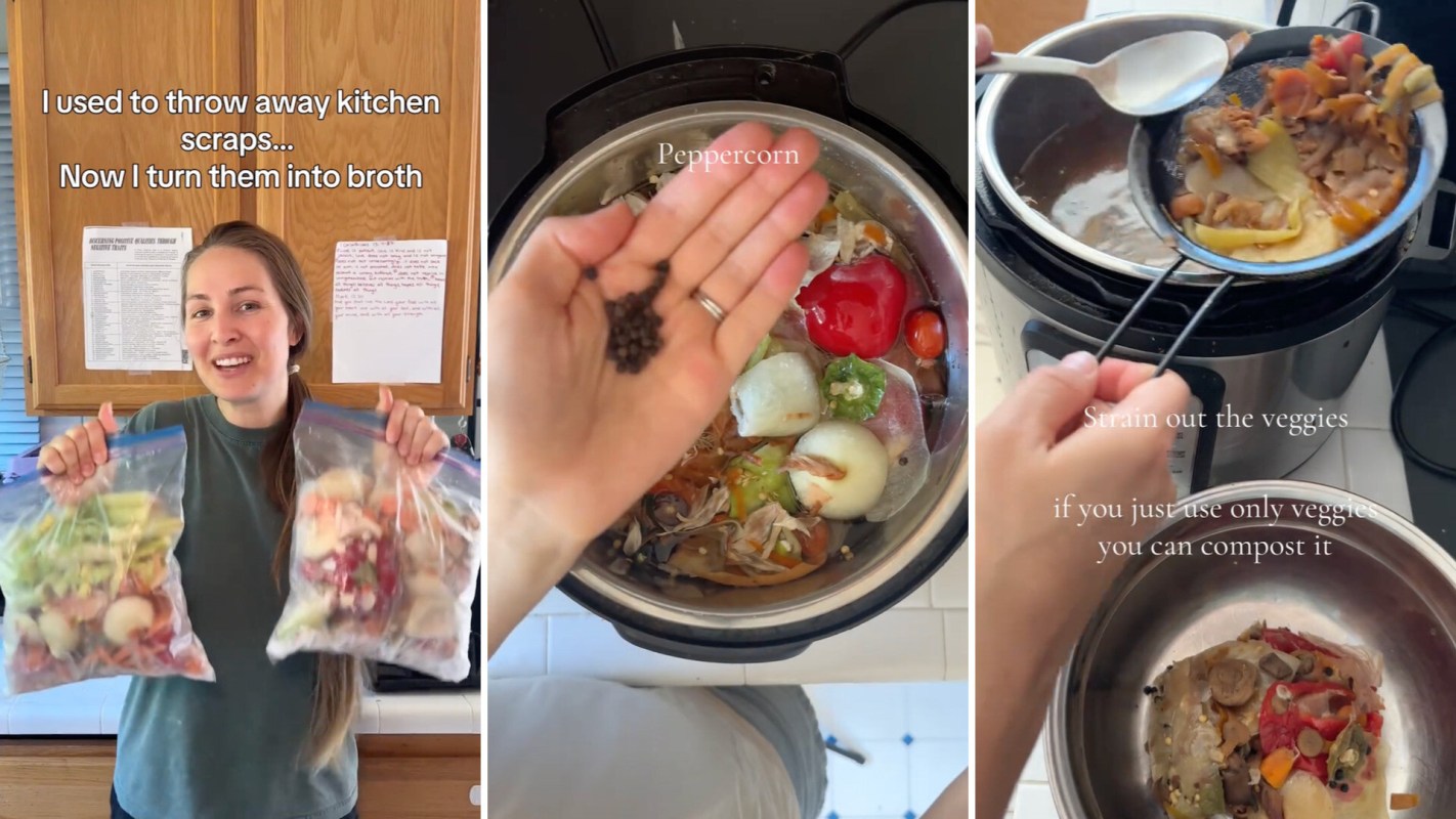 A woman holds bags of kitchen scraps for making broth while demonstrating the process in her kitchen.