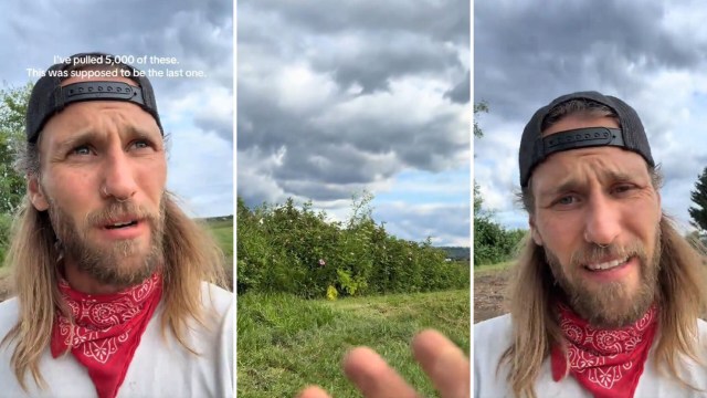 A man wearing a red bandana and cap stands outdoors with cloudy skies, appearing to share a personal story.