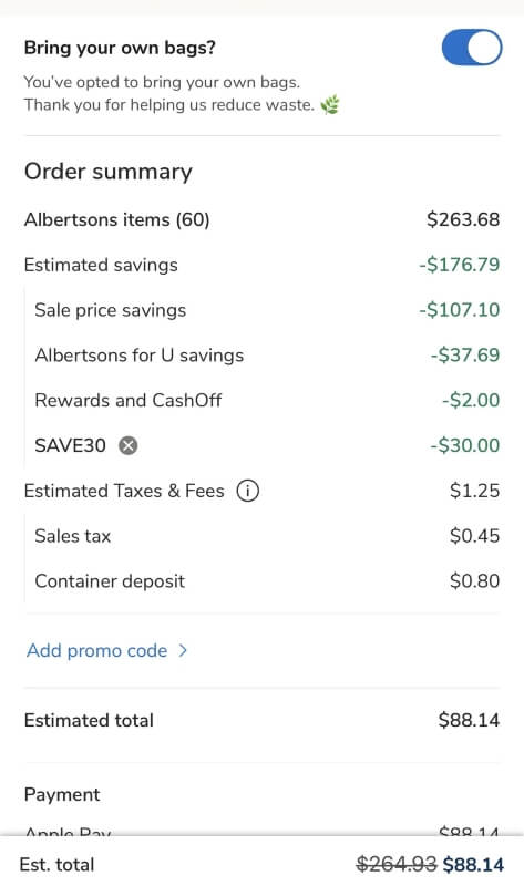 A screenshot showing a breakdown of discounts applied to the user's groceries, saving them $176.79.