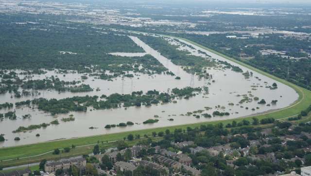 Aerial view of a flooded landscape.