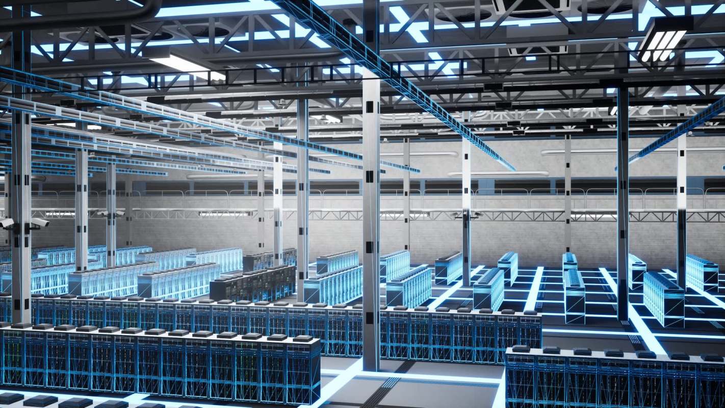 A data center featuring rows of servers and illuminated cable trays.