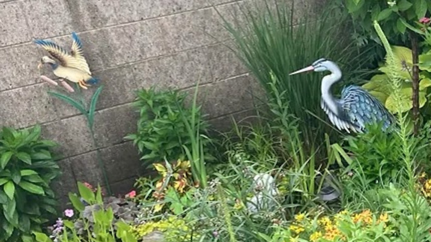 A thriving garden with a decorative heron statue.