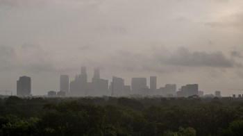 A hazy Houston skyline.