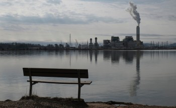 A bench by a calm lake overlooks a nearby industrial facility with smoke rising from its chimney.