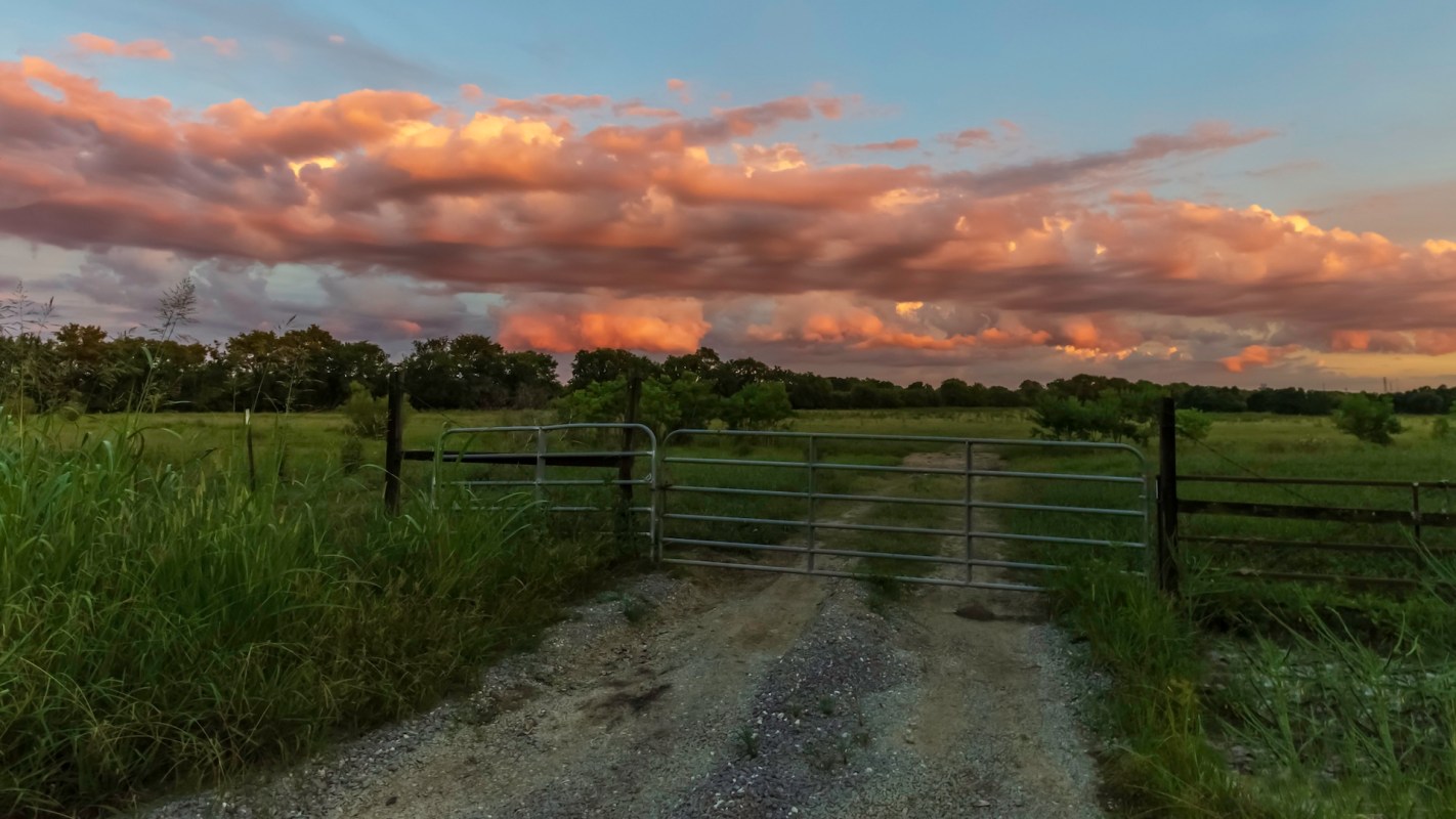 A gravel path leads to a metal gate in the countryside.