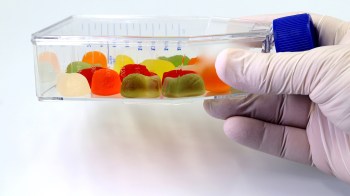 A gloved hand holds a clear container filled colorful gummies.
