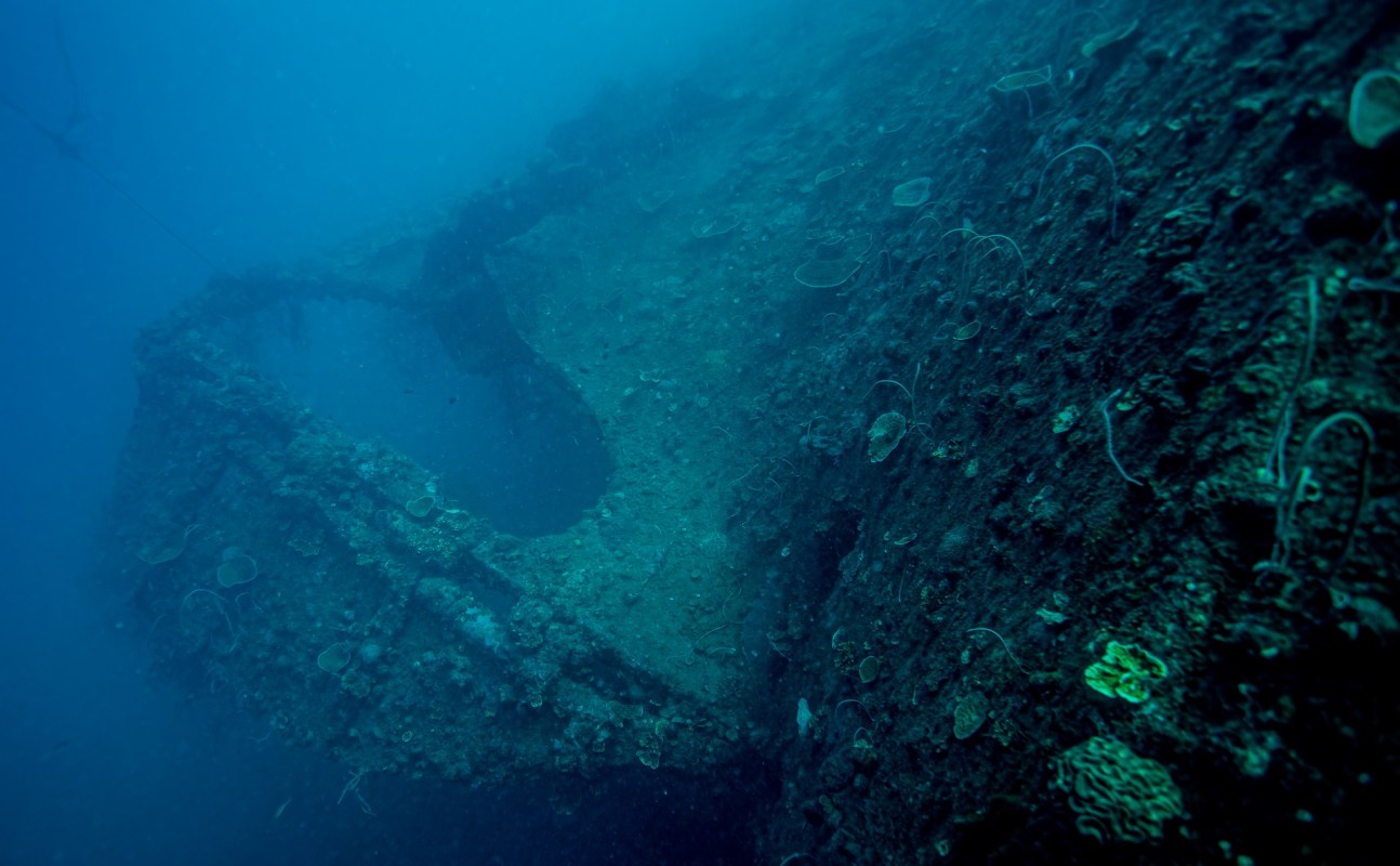 An underwater view of a shipwreck covered in marine life and coral formations.