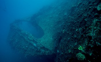 An underwater view of a shipwreck covered in marine life and coral formations.